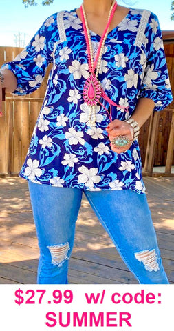Navy, Blue,and White Floral Blouse with v-neck