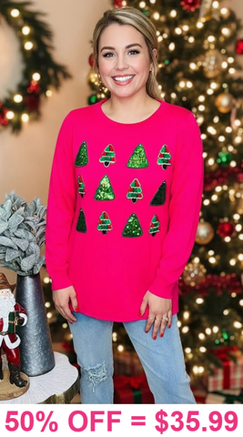 Hot Pink top with Sequin Christmas Trees
