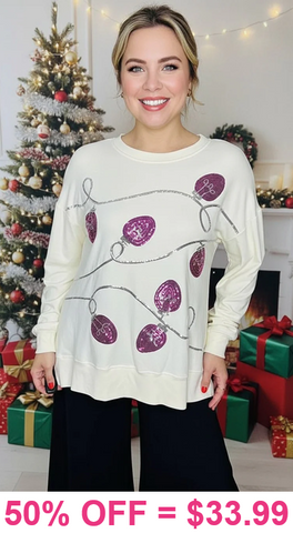 Cream Top with Sequin Christmas Lights