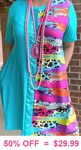 Turquoise Dress with sequins and multi color leopard