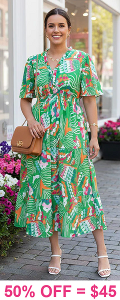 S-M-L-2X : Green print dress chiffon with lining – Shop Southern Charm S-M-L-2X : Green print dress chiffon with lining – Shop Southern Charm