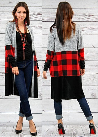 Grey, Red Plaid, Black Color Block Cardigan