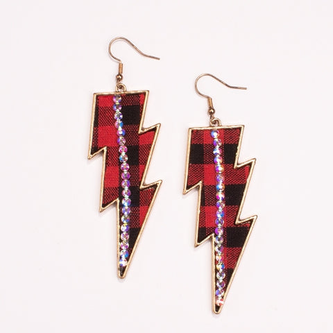Red Plaid Bling Thunder Bolt Earrings
