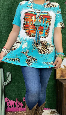 S, L, XL, 2X, 3X Turquoise & Leopard, Cactus Graphic Tee
