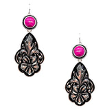 Floral Etching Dangle Concho Earrings with pink stone