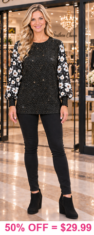 Black bling top with floral sleeves