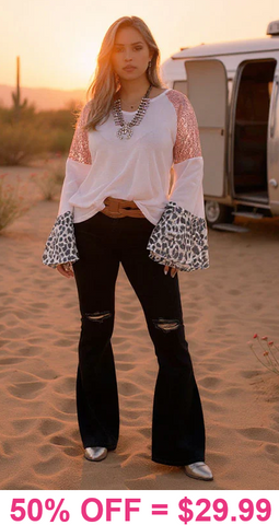 Blush Waffle Knit top Sequin Shoulders and Leopard Bell Sleeves