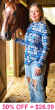 Blue Horse Stamp Printed Sheer Mesh Top