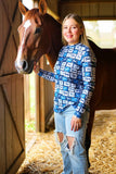 Blue Horse Stamp Printed Sheer Mesh Top
