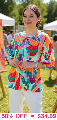 Colorful Blouse with button & tie neck
