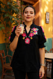Black Blouse with floral & Birds embroidery v-neck & puff sleeves
