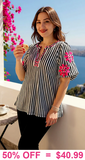 Striped Blouse with pink embroidery v-neck & puff sleeves