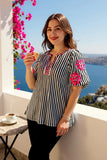 Striped Blouse with pink embroidery v-neck & puff sleeves
