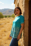 Turquoise Ombre Cream Damask Print Top