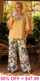 Sml, Large,  2X, 2 Piece Set: Tan ruffle bell sleeve top & Pants