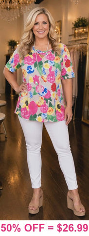 Floral Tan Top with criss cross neck