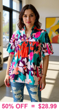 Red, Teal, Purple, Pink, Turquoise Mix Floral Top