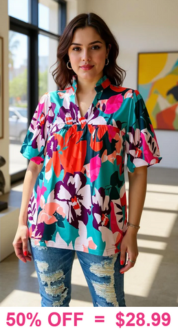 Red, Teal, Purple, Pink, Turquoise Mix Floral Top