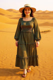 Dark Olive Smocked, layered-tiered dress