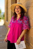 Magenta top with printed floral bubble sleeves