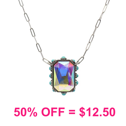Rectangle Colored Glass Stone w/TQ Stone Necklace