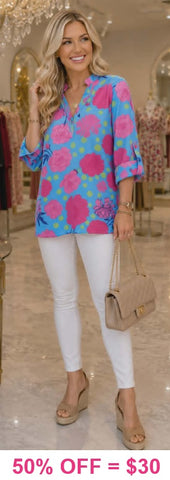 Blue top with pink floral print