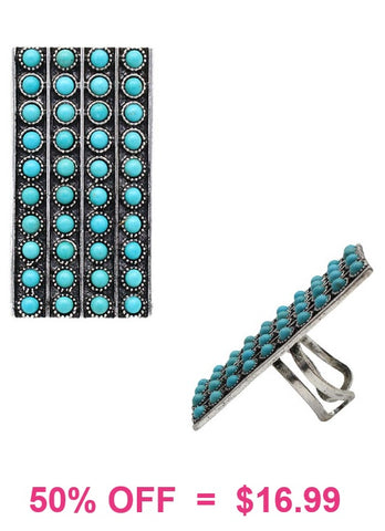 Turquoise studded rectangle silver adjustable Ring