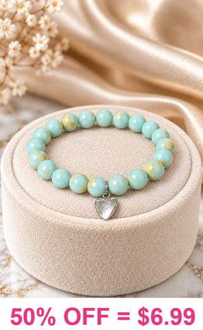 Mint beaded stretch bracelet with silver heart charm