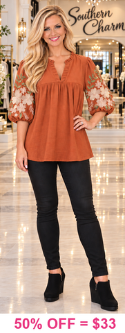 Rust Blouse with embroidery sleeves
