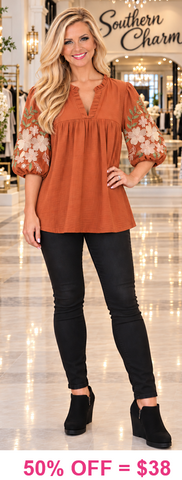 Rust Blouse with embroidery sleeves