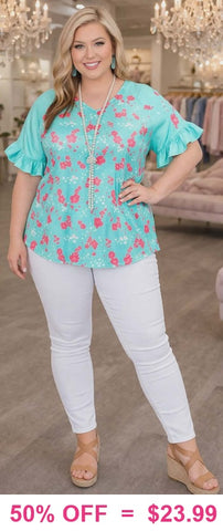 Turquoise floral bell sleeve top