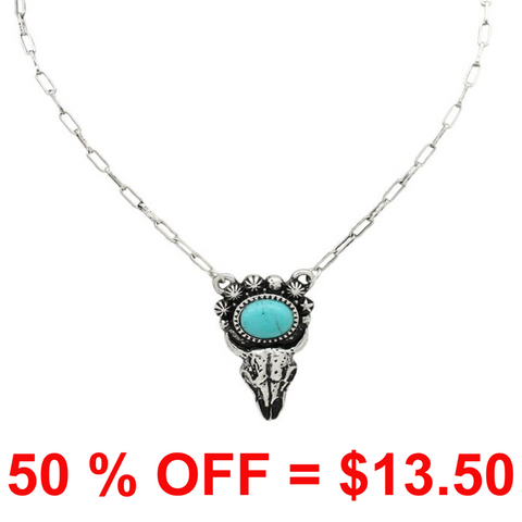 Western Steer Head w/Turquoise Stone Necklace
