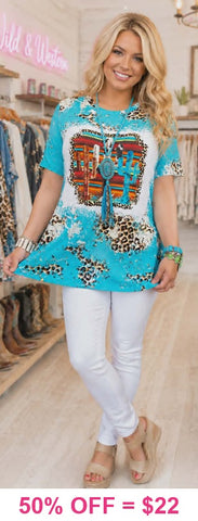 Turquoise & Leopard, Cactus Graphic Tee