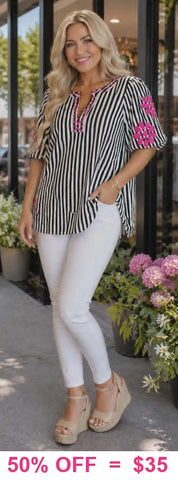 Striped Blouse with pink embroidery sleeves