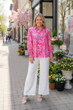 Pink Printed Long Sleeve Collar Top