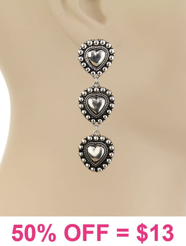 Silver studded triple heart earrings