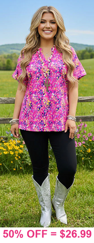 Pink speckled v-neck top roll tab sleeves