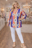 Blue Orange Pink stripe floral top