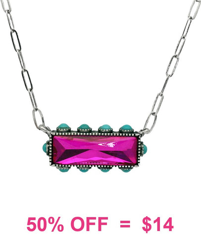 Pink rectangle bling pendant necklace