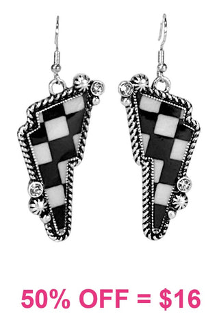 Checkered bolt earrings with silver & bling