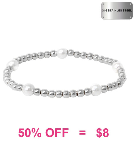 Stainless steel silver beaded pearl bracelet