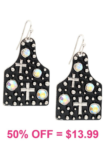 Silver Cross Studded tag earrings with bling