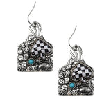 Silver tag earrings with turquoise & checkered Spade