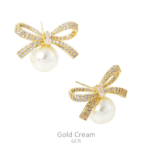 Bling Bow Pearl stud earrings (silver or gold)