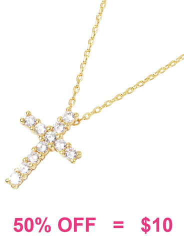 Bling baguette rhinestone cross gold necklace