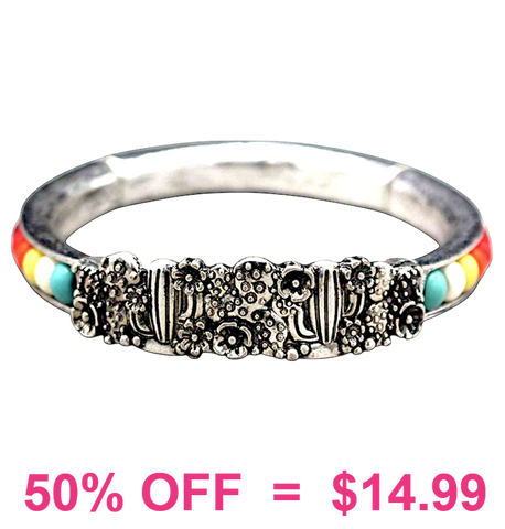 Silver cactus design, Colorful beaded, stretchy section bracelet