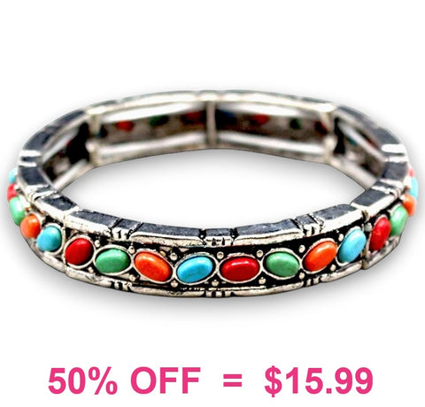 Multi color stones and Silver stretch bracelet
