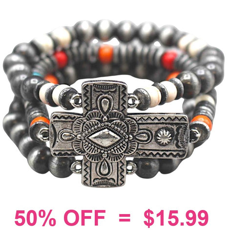 Silver Cross stretch beaded bracelet