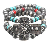 Silver Cross stretch bracelet Turquoise beads