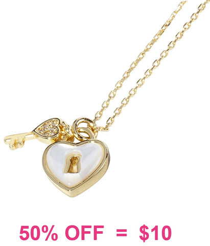 Pearl heart locket & key gold necklace